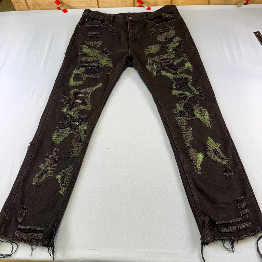 Mnml Mens 38 Distressed Repaired Denim Jeans Black Green Contrast Button Fly WOW